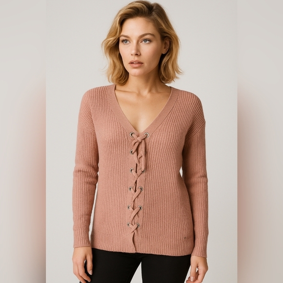 Guess Lace Up Sweater Women Large Pink Pullover Knit Long Sleeve Y2K Preppy - Picture 1 of 4